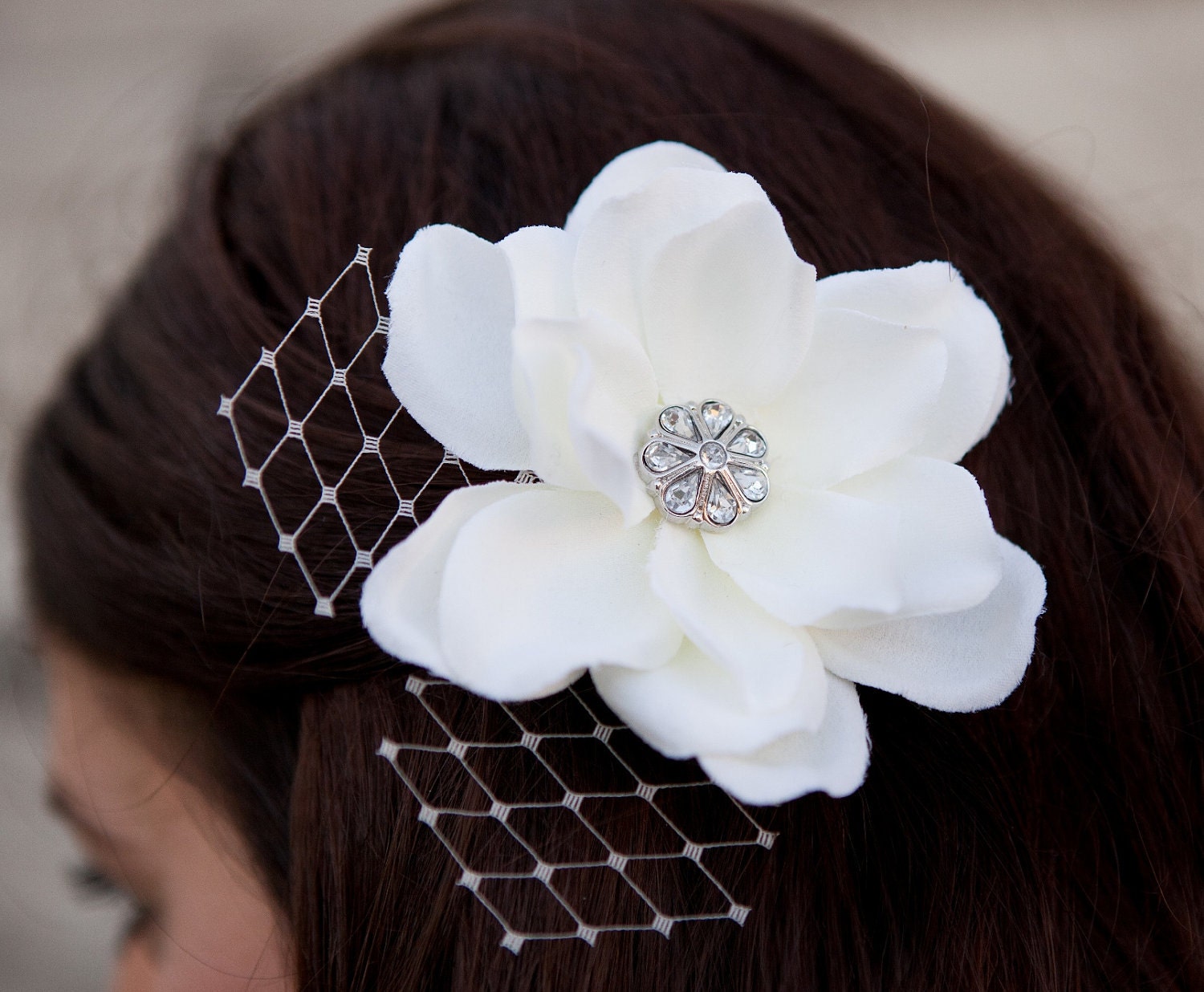 Elizabeth Bridal Flower Fascinator with Rhinestone and Bird Cage Netting