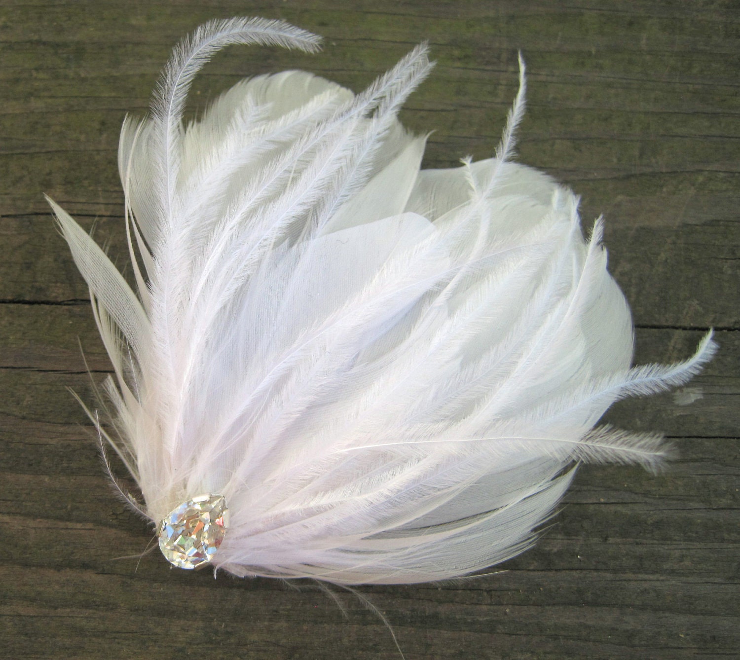 Feather Fascinator with Rhinestone, White Bridal Hair Piece, Wedding Head Piece