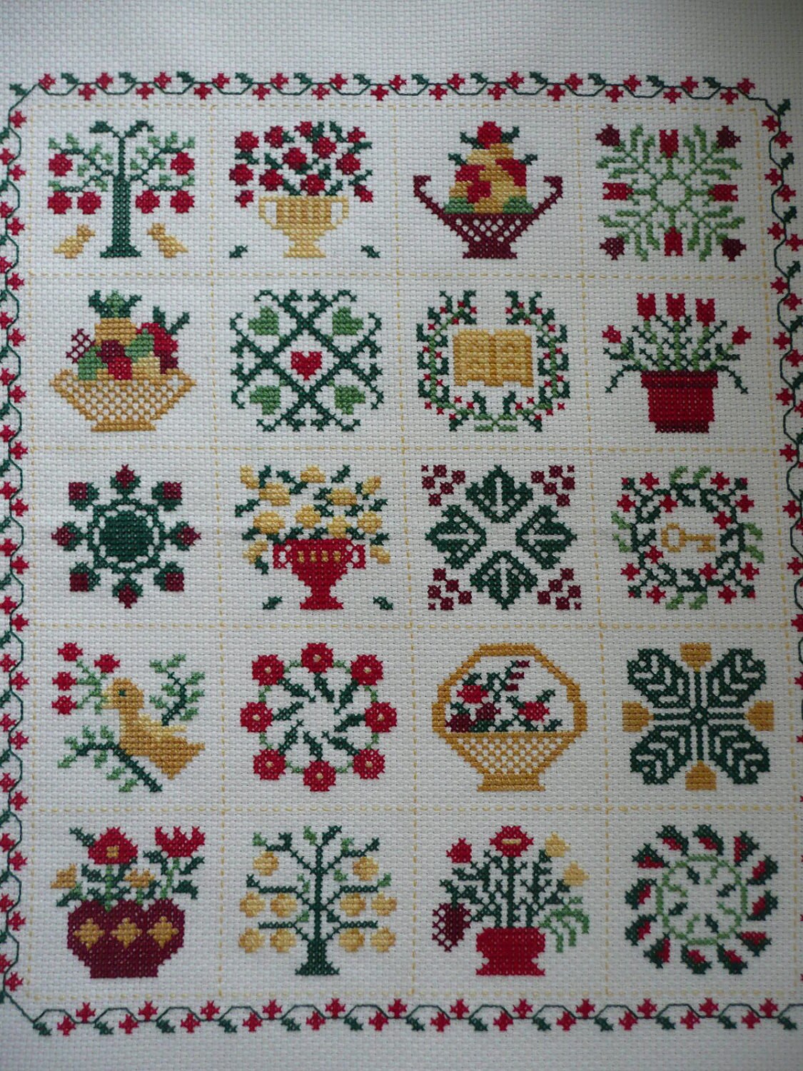 RESERVED FOR CHERYL - Vintage Completed "Baltimore Quilt" Cross Stitch