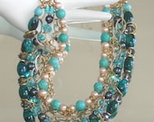 Ashira Turquoise, Azurite, Fresh Water Pink, Black Pearl Bib Statement Necklace