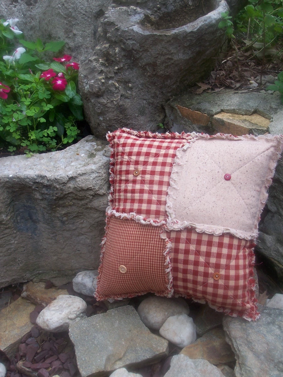Red Homespun Country Rag Quilt Pillow with Buttons