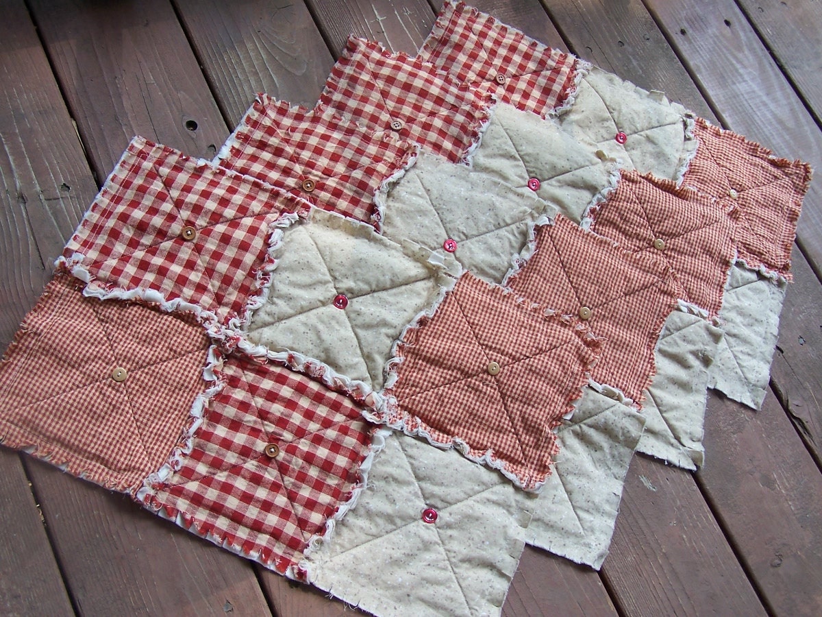 Red Placemats, Homespun Country Primitive, Buttons- Handmade in NJ -