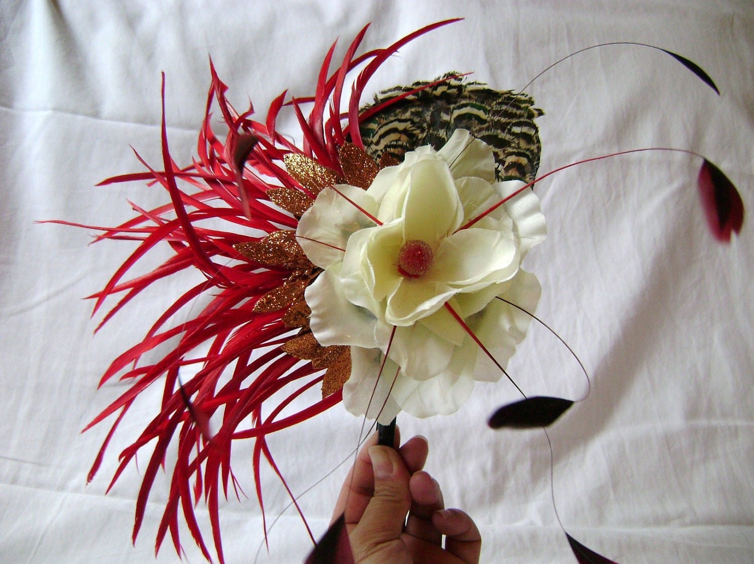 Flamenco Feather and Flower Headband Fascinator