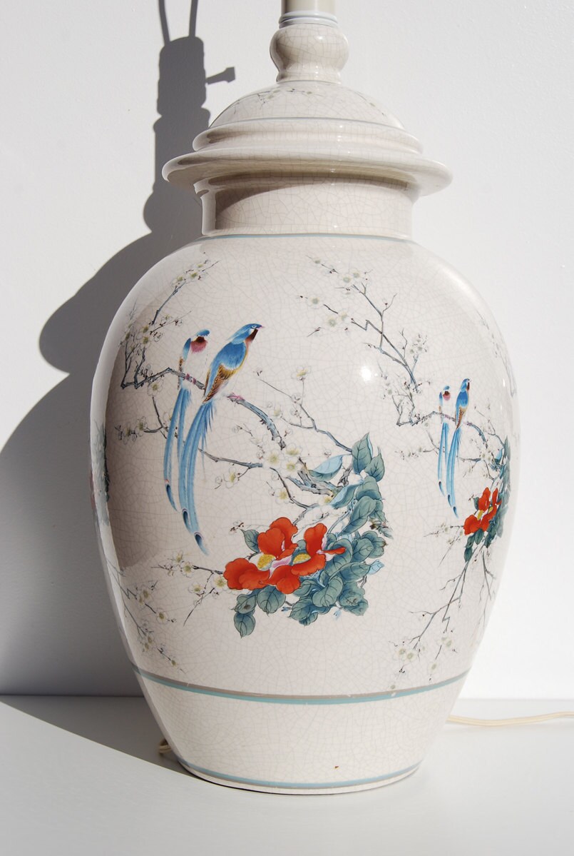 Vintage Oriental Table Lamp, Large White Ginger Jar, Blue Peacocks