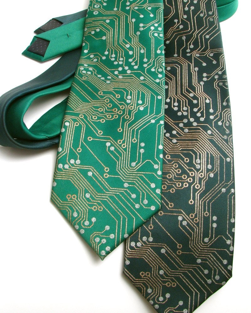 Circuit Board Necktie - Metallic Copper and Silver Ink on Green or Black Tie