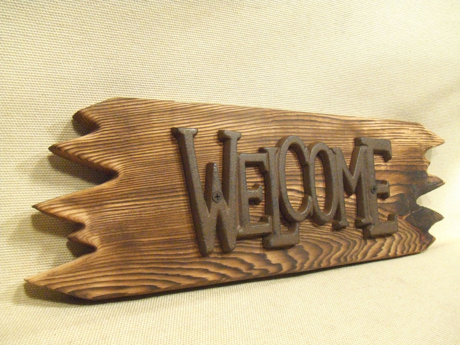 Rustic Cast Iron  Welcome Sign  -- lodge cabin decor -- reclaimed western cedar