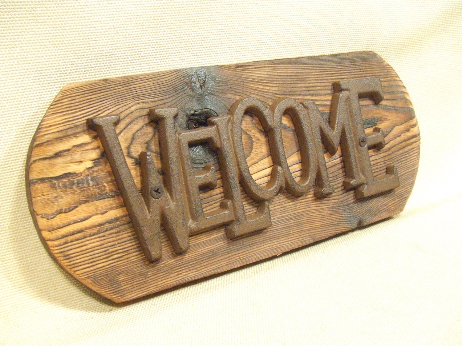 Rustic Cast Iron  Welcome Sign  -- lodge cabin decor -- reclaimed western cedar