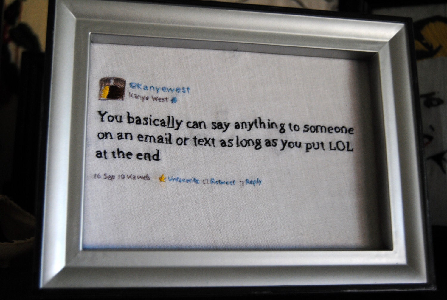 Your Favorite Kanye West Tweet - Hand-stitched and Framed - Made to Order