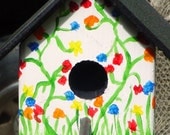 Wooden Single Birdhouse with A-Frame Roof on a Garden Stake