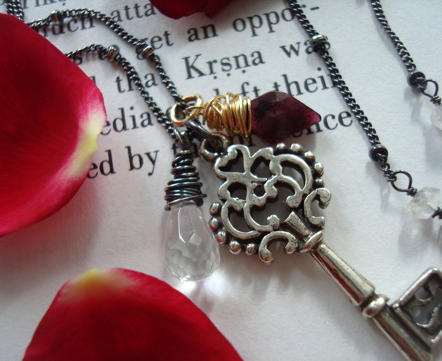 Victorian Key, Garnet, and Crystal Quartz Necklace