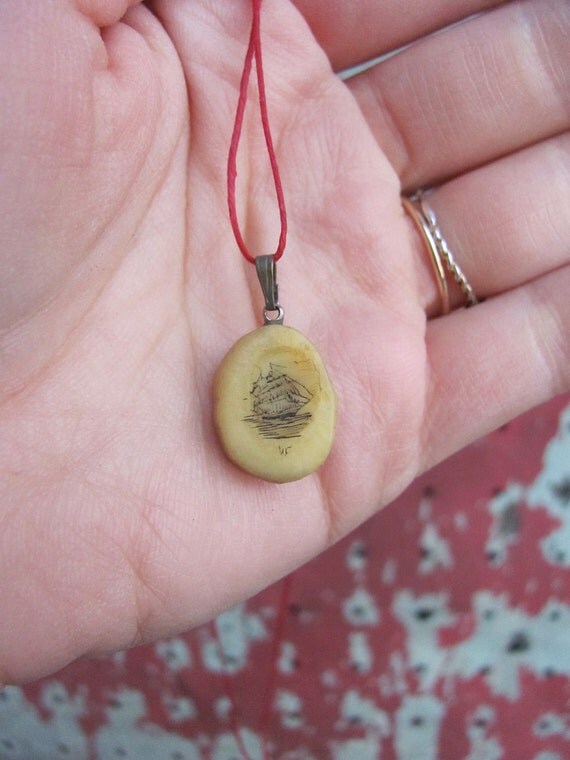 vintage c. 1950s scrimshaw pendant on red waxed linen thread // clipper ship