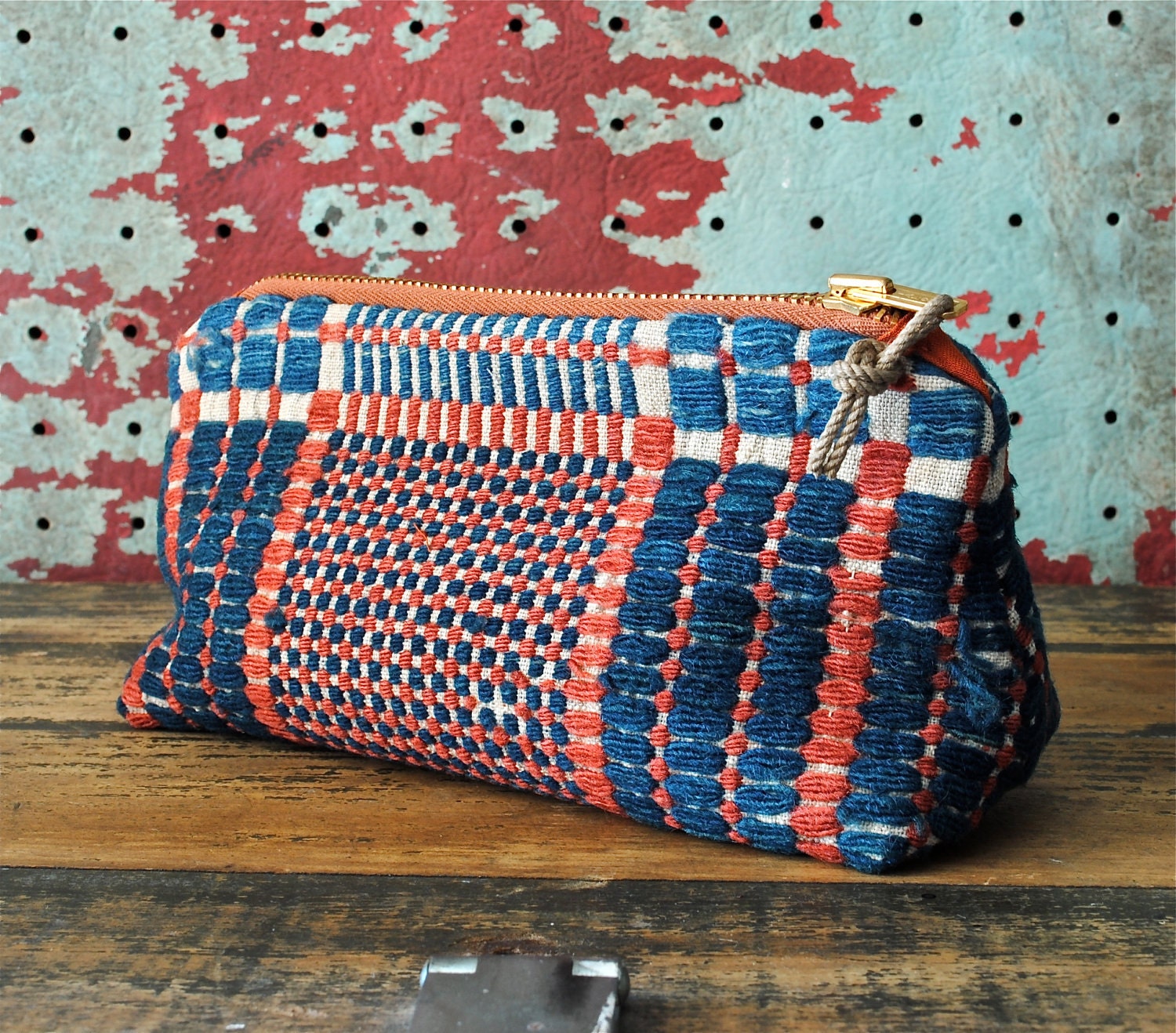 Antique Vintage Woven Coverlet Zip Purse w/ Distressed Rope Pull