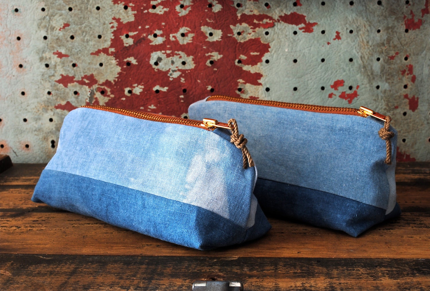 Sea and Sky Zip Purse w/ Distressed Rope Zipper Pull / Hand-dyed Natural Indigo Organic Cotton