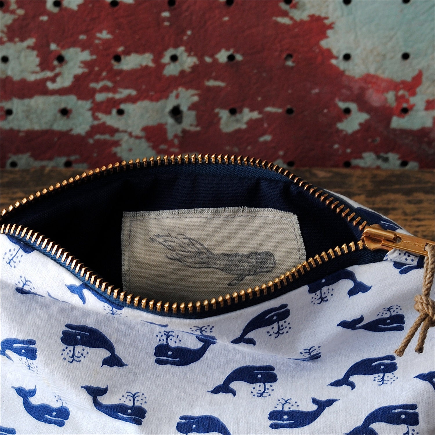 Nautical Zip Pouch w/ Distressed Rope Zipper Pull / Vintage Printed Cotton Fabric with Whales