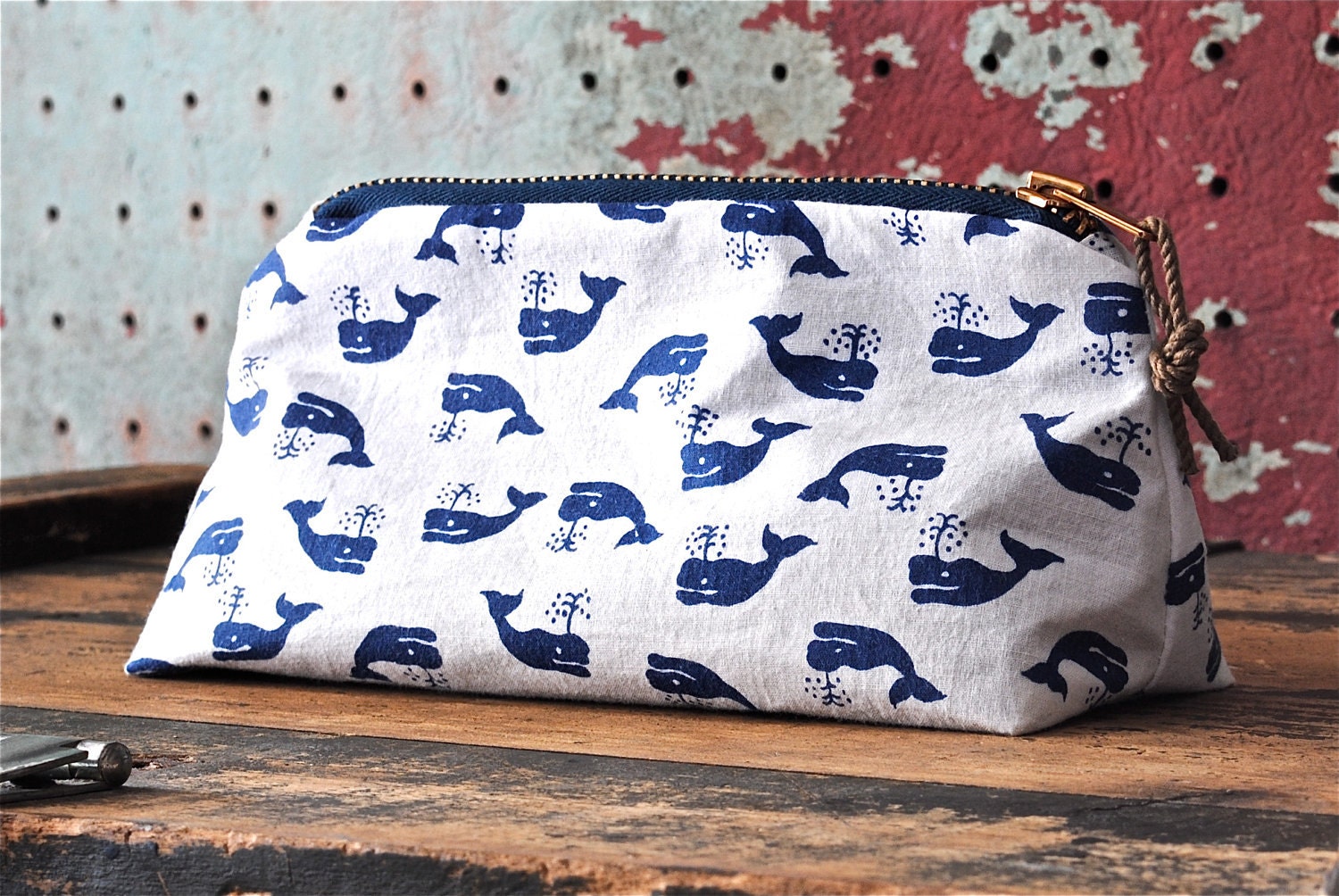 Nautical Zip Pouch w/ Distressed Rope Zipper Pull / Vintage Printed Cotton Fabric with Whales