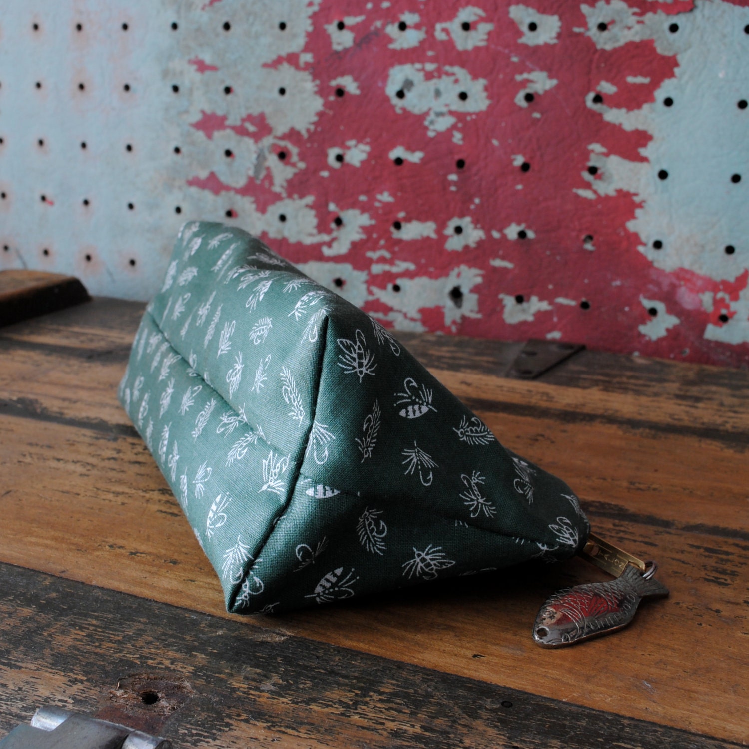 Nautical Zip Pouch w/ Vintage Fishing Lure Zipper Pull / Vintage Printed Cotton Fabric with Fishing Lures