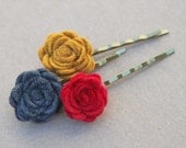 Wool Felt Flower Hair Pin Trio Mustard Yellow, Charcoal, and Red