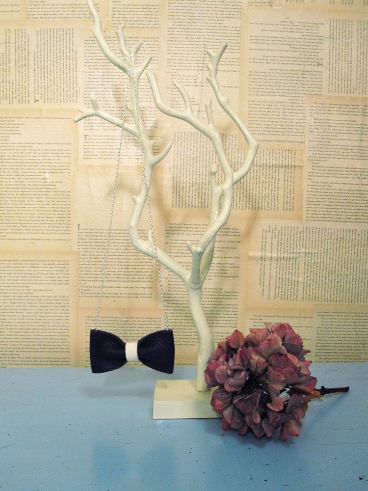 Hello Sailor...Navy blue with white sash leather bow tie necklace