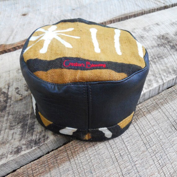 Leather & Mud Cloth Kufi Hat 23.5 Handmade by by creatorsblessing