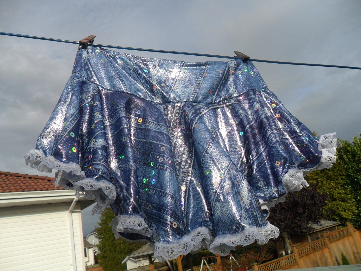 Figure skating, dance skirt - Country Girl in metallic denim-style ruffled lycra