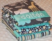 Personalized Burp Cloths - Baby Boy Aqua and Gray Flannel Zoology