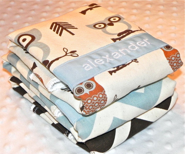 Personalized Burp Cloths - Baby Boy Light Blue and Chocolate Brown Owls and Chevron