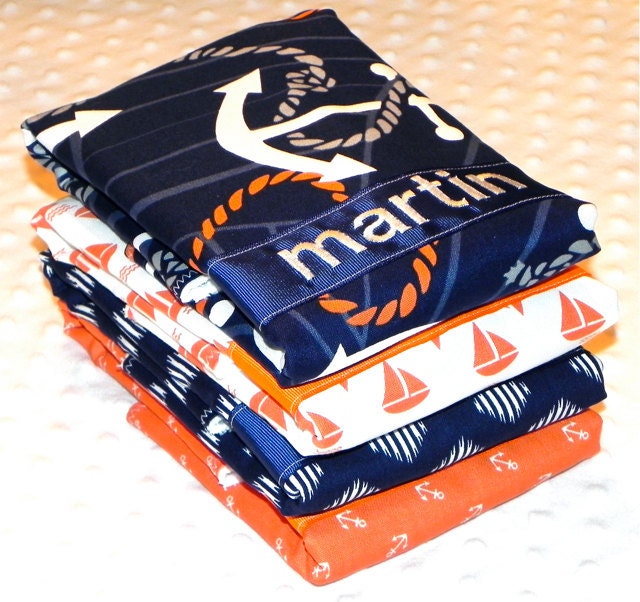Personalized Burp Cloths - Baby Boy Navy Blue and Orange Anchors Away