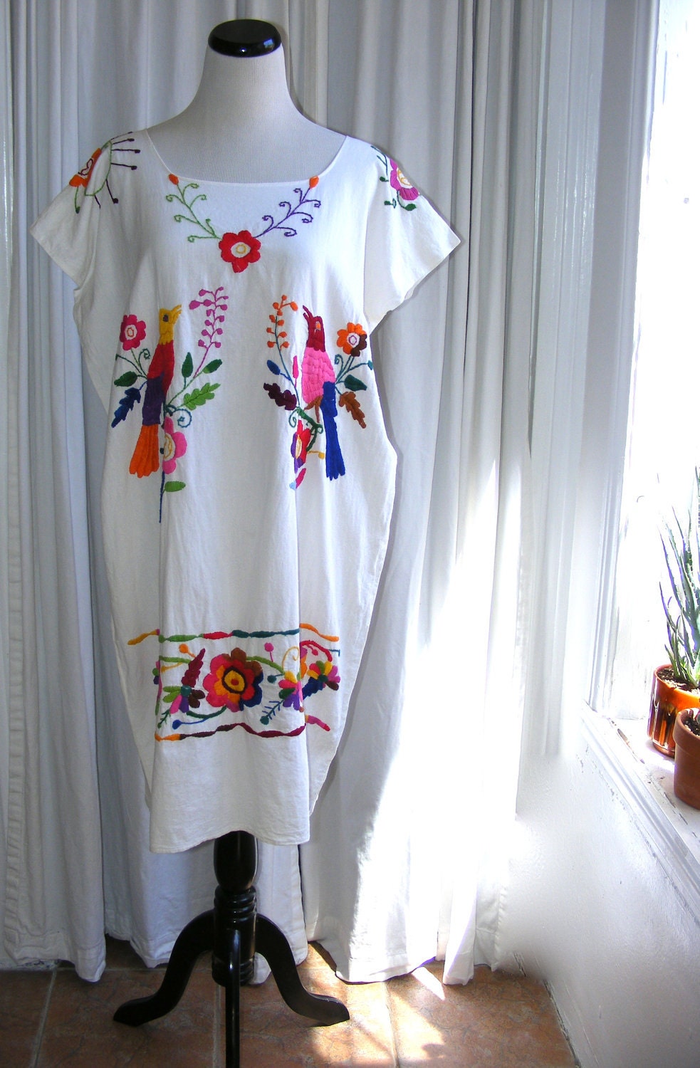 Mexican Embroidered Dress. White cotton vintage tunic, bright, multicolored rainbow embroidery, birds and flowers.