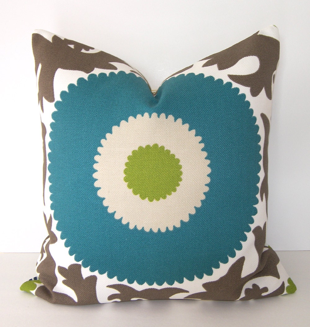Decorative Designer Indoor / Outdoor -  Suzani Pillow Cover - 18x18 inches - Fahri - Teal / Lime / Taupe / Sand and Ivory