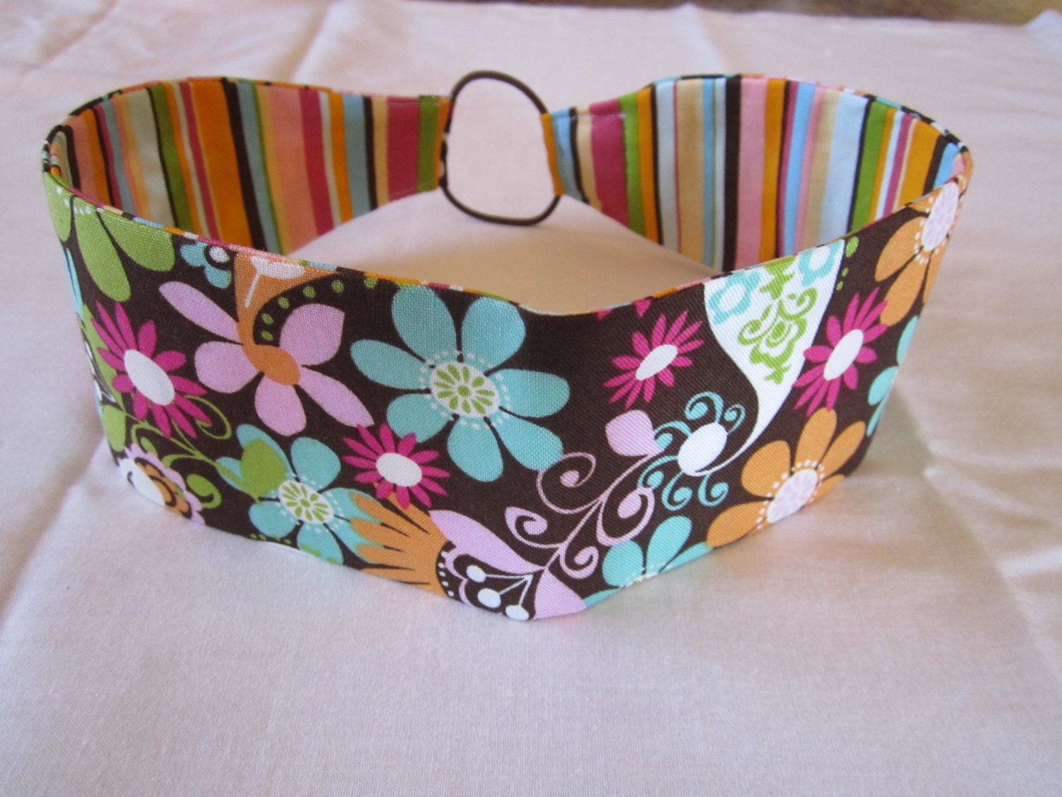 Reversable Headband Chocolate Floral and Stripes