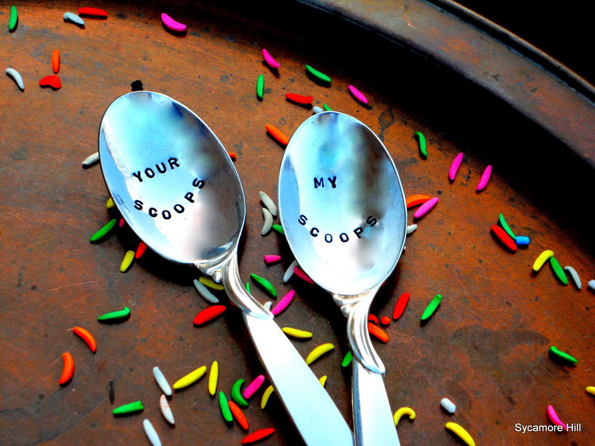 Personalized Ice Cream Spoons - Pair of CUSTOM TEASPOONS Hand Stamped Upcycled Vintage  by Sycamore Hill