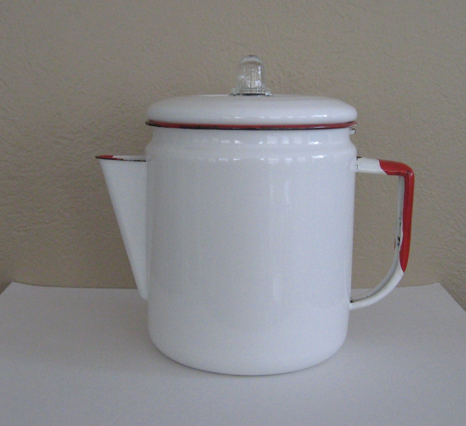 Items similar to Vintage Red and White Enamel Coffee Pot on Etsy