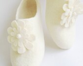Bridal Flat Felted Slippers Eco Friendly White Daisy with 2 Flowers. Indoor. Custom made. For Her Womens sizes