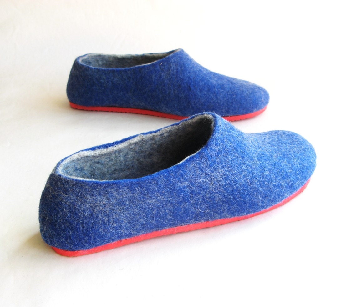 Red Sole Felted Wool Slipper Blue Grey. Made to Order. All sizes for Women