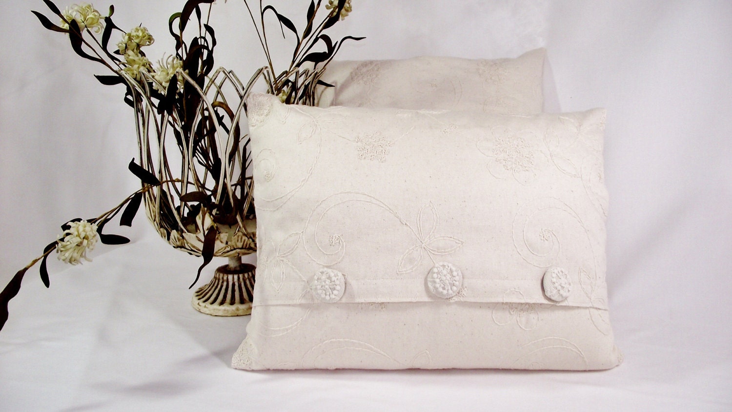 Pillow Cover in Off White Cotton Fabric with Embroidered Pattern. - whiteoakroom