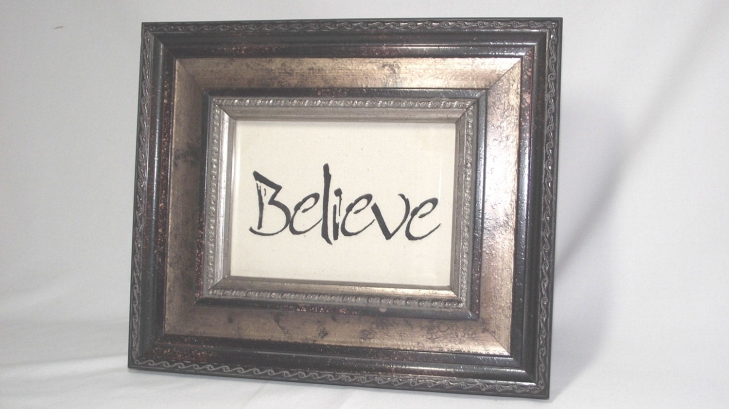 Stenciled Picture in Frame Believe on Natural Linen
