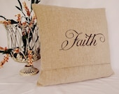 Pillow Cover 18x18 in Sand Colored Chenille with Hand Stenciled FAITH in Brown Paint
