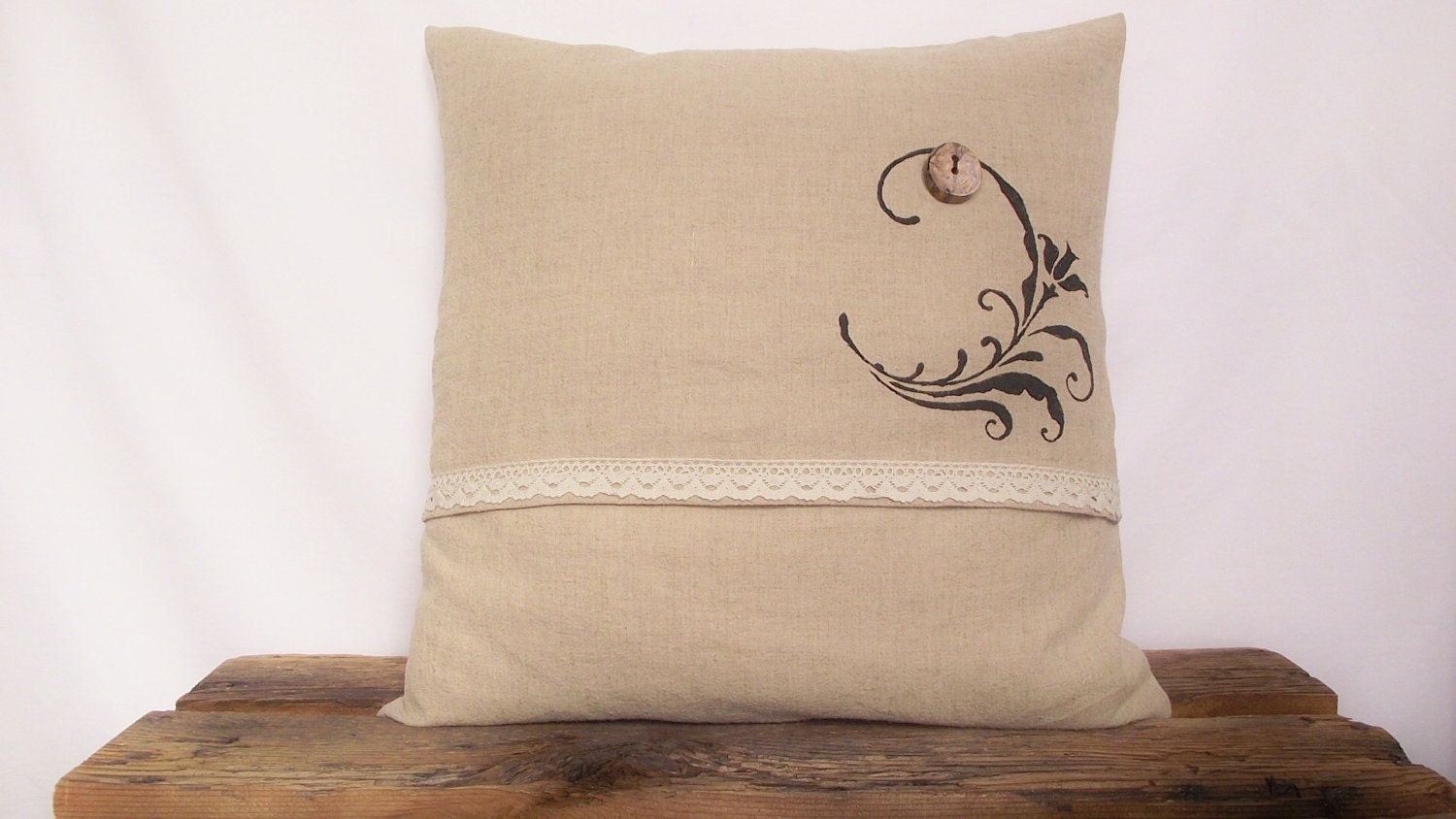 Pillow Cover 16x16 Natural Linen with Natural Cotton Trim and Hand Stenciling