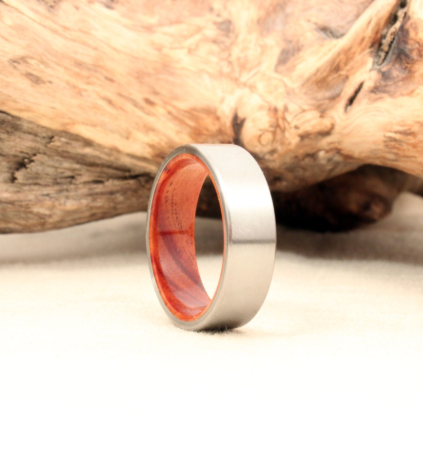 Size 9 - Titanium Lined With Brazilian Tulipwood Wood Ring Titanium Ring