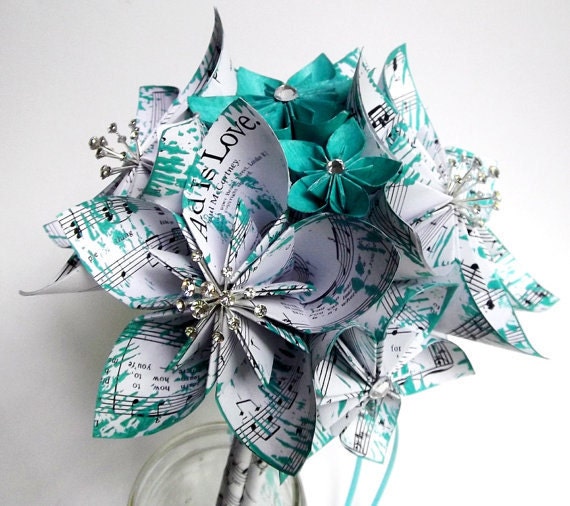 Bridal Sheet Music Wedding Bouquet with Gem Bursts- 9 inch diameter, 16 flowers, made to order, one of a kind, anniversary gift, bridesmaid,