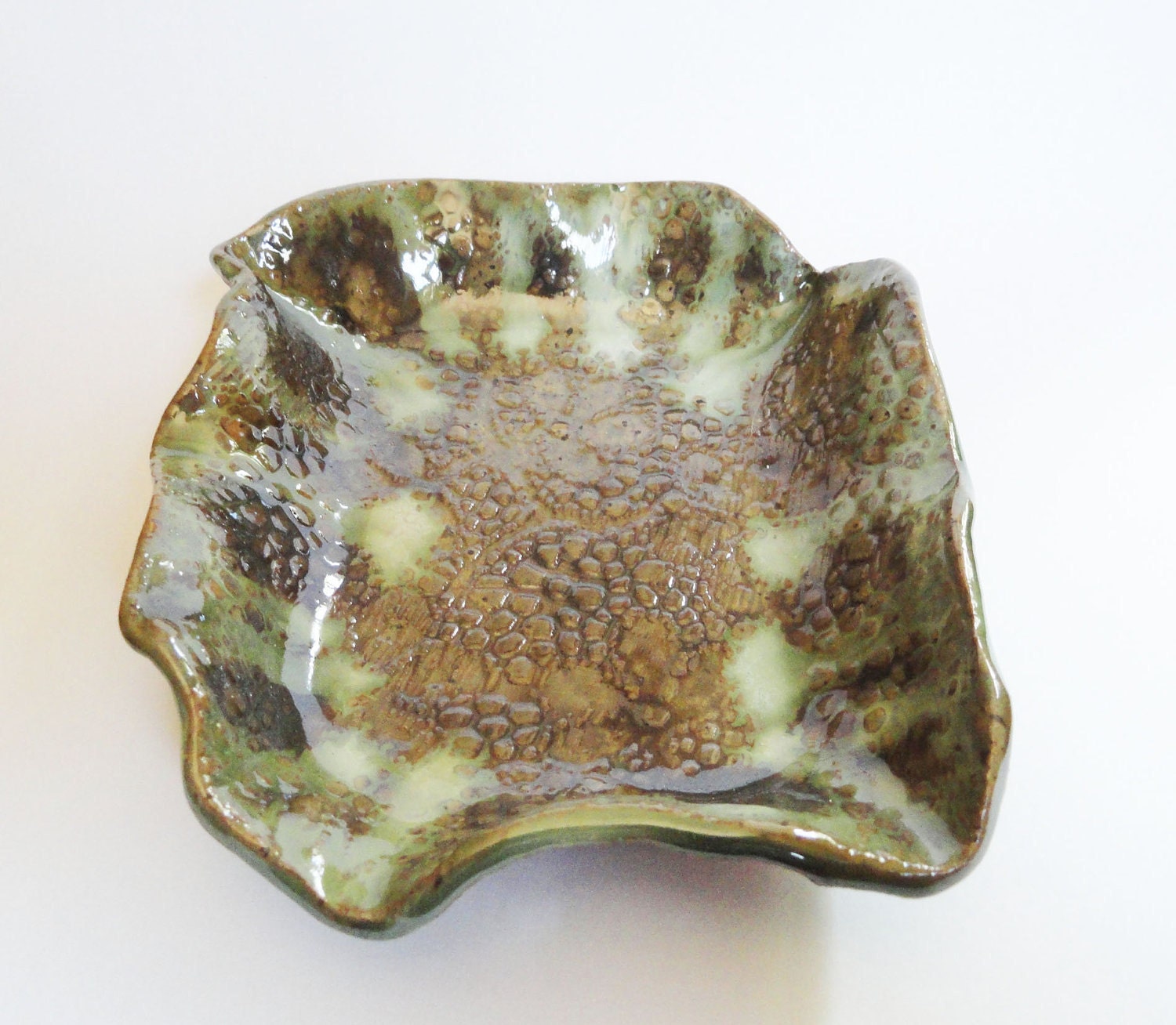 Handmade Ceramic Serving Dish Plate Tray Platter Rustic Modern Pottery Stoneware Rustic Lace Texture Green READY TO SHIP