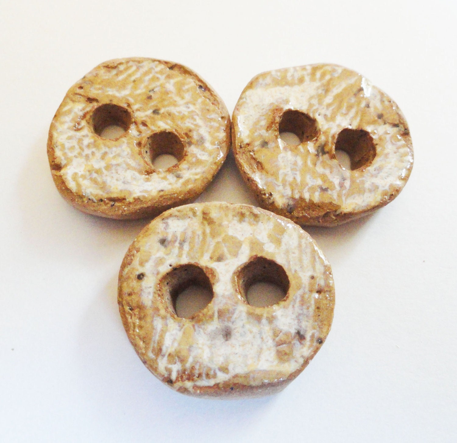 Handmade Ceramic Buttons Connector Beads Round Circle Rustic Lace Texture Textured Pottery Beige Milk White Honey Cream