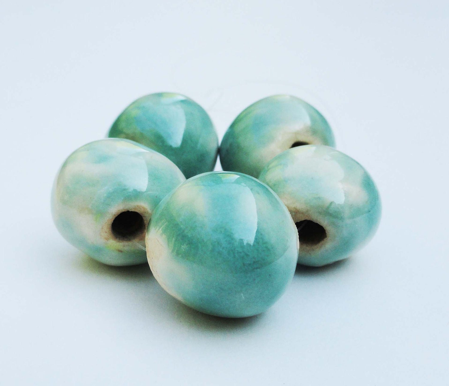 Handmade Ceramic Beads Round on White Stoneware Pottery Mint Minty Green Pastel READY MADE