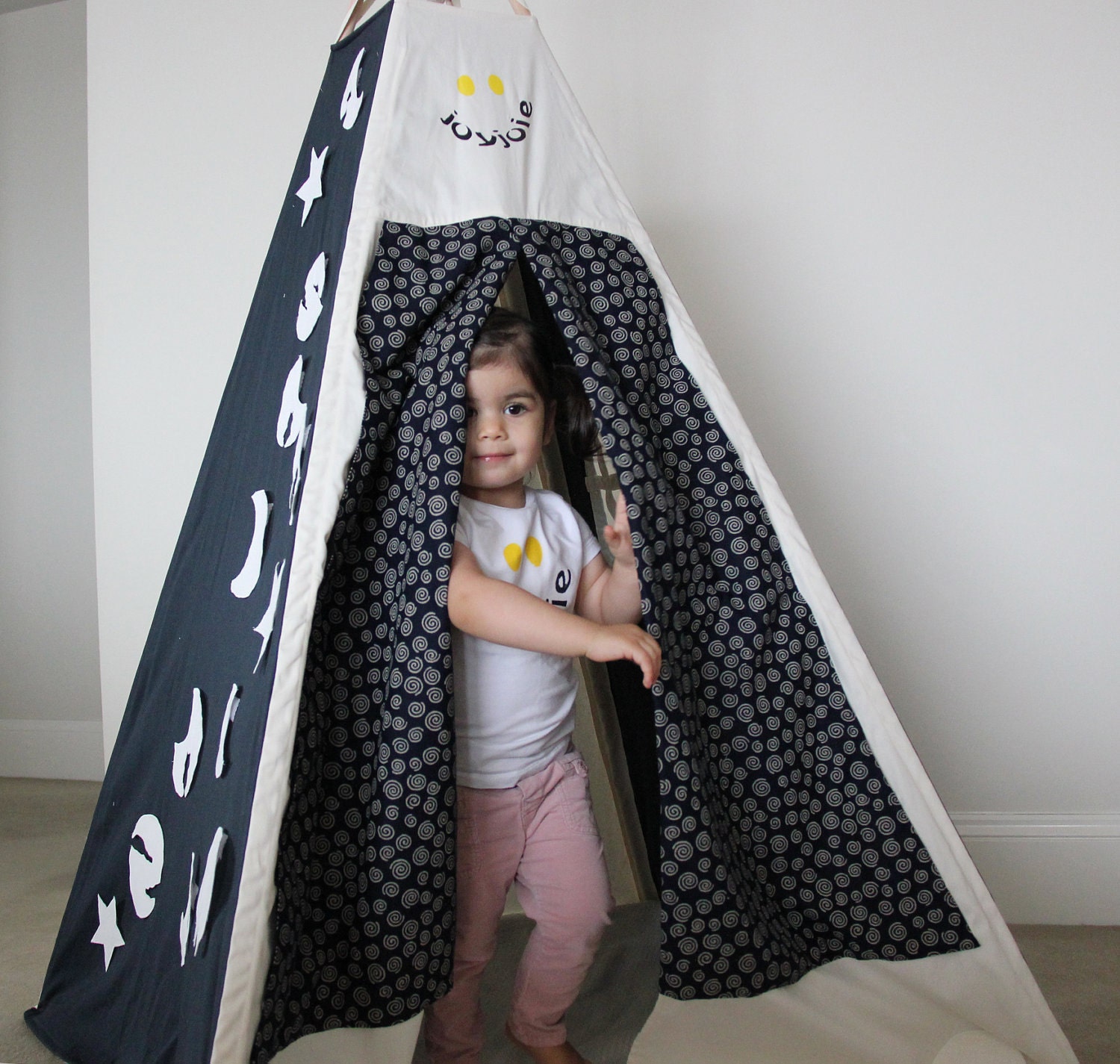 Teepee Play tent in Navy and Cream with Night theme wall art