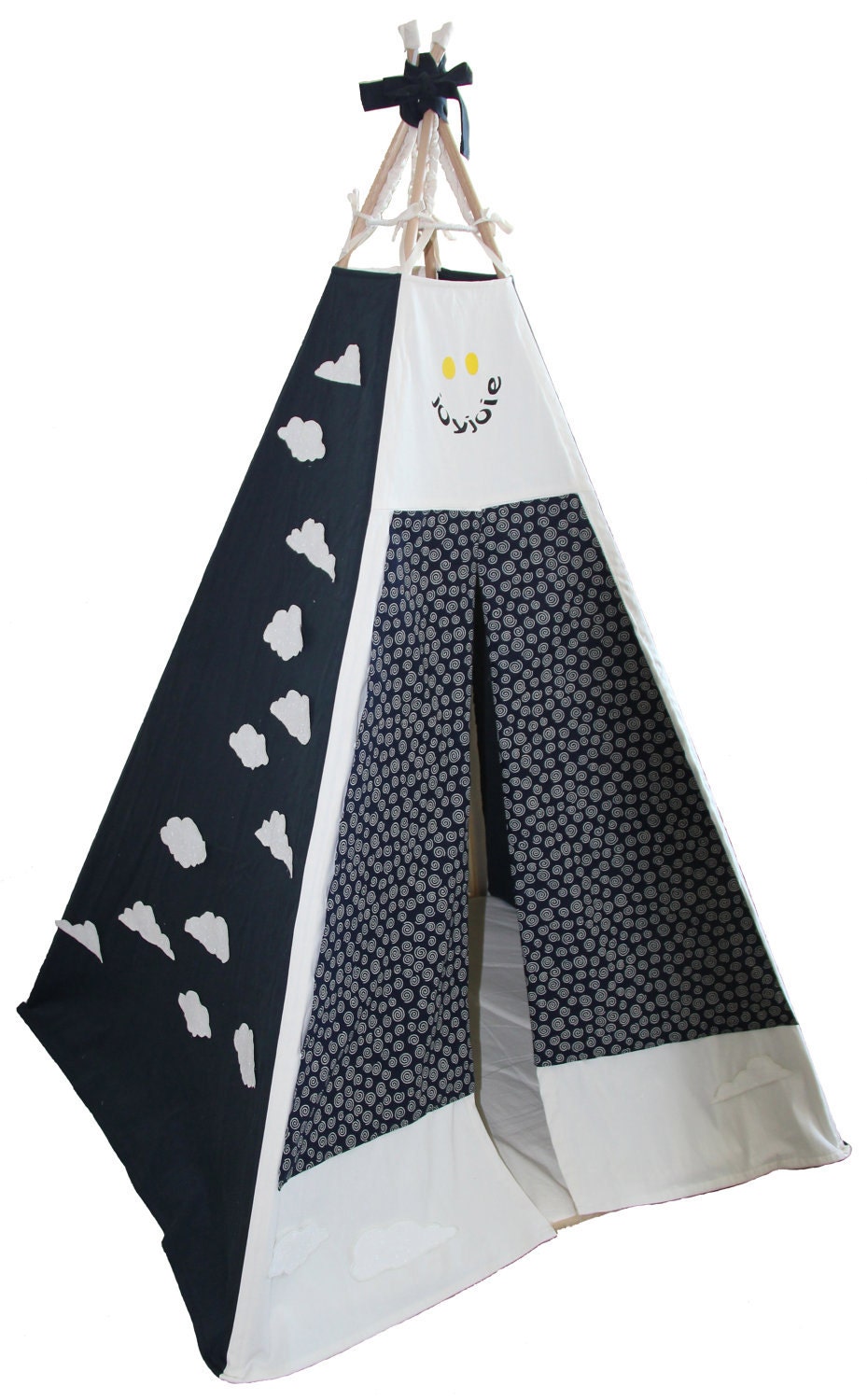 Tee pee Play Tent in Navy and Cream with Cloud theme wall art