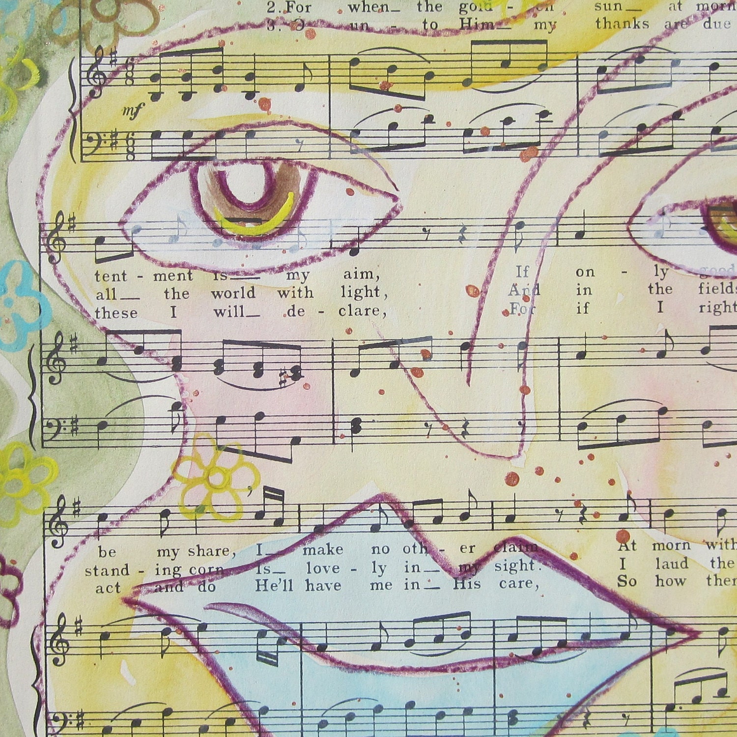 Contentment... recycled book art original painting  on Antique 1930s sheet music book page, by Cat Seyler designs