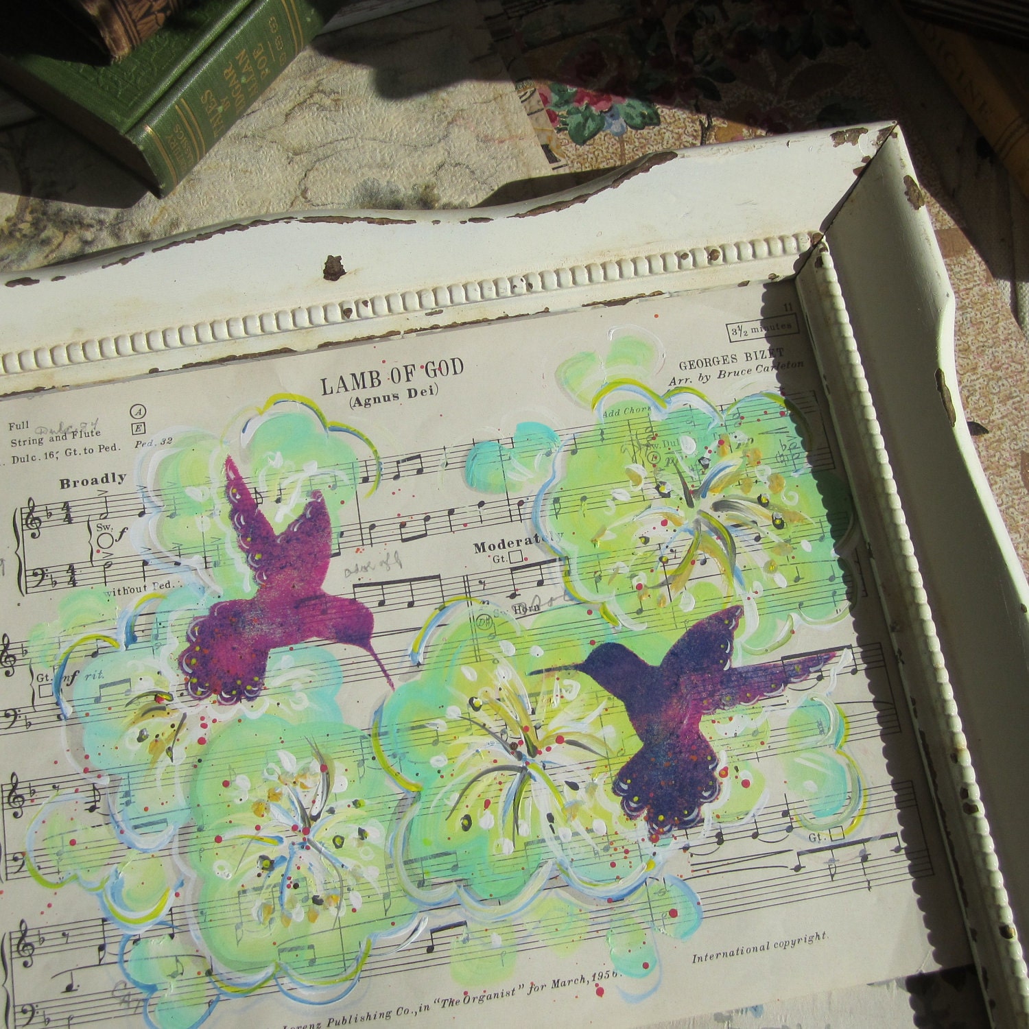 Lamb of God... recycled book art original painting on Antique1950s sheet music book page, by Cat Seyler designs