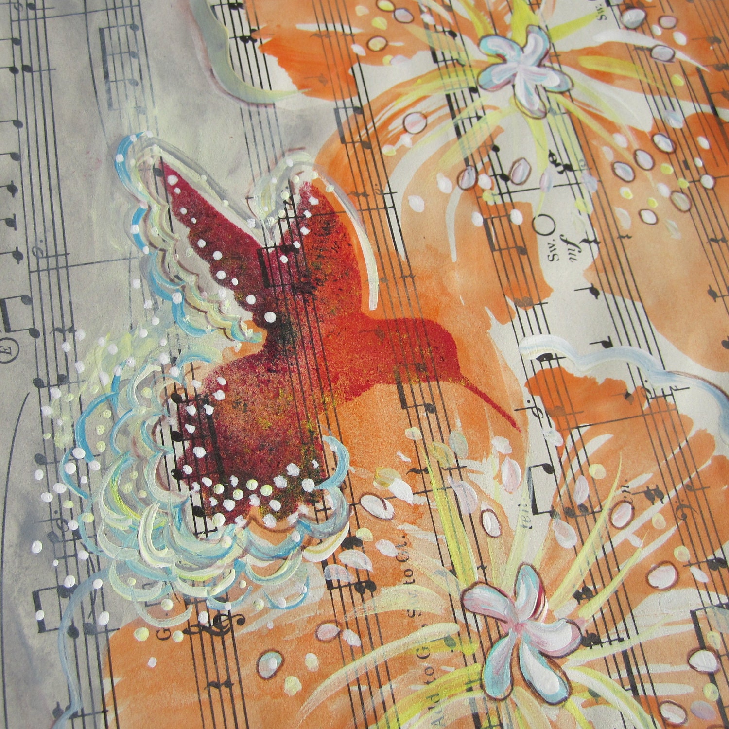 Reduce Ped. ...recycled book art original painting on Antique1950s sheet music book page, by Cat Seyler designs