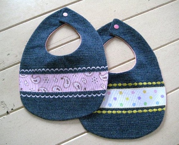 Denim Baby Bibs Set of Two Repurposed Reclaimed Demin Baby Bibs Baby Shower Gift Save the Earth