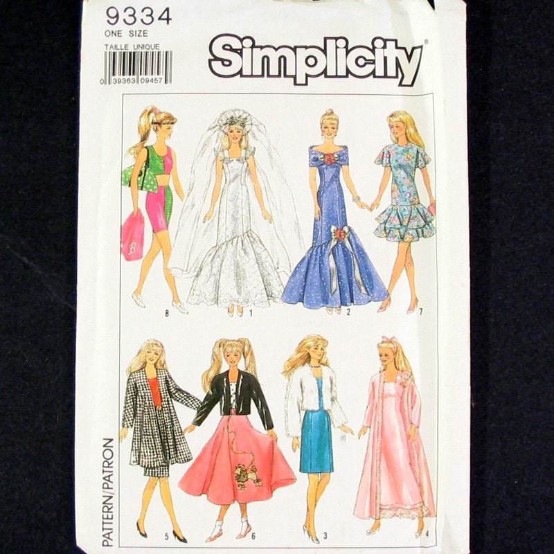 Vintage Barbie Doll Clothes Pattern, 50's Poodle Skirt, Evening Gown, Wedding Dress - Simplicity No. 9334 to fit 11.5 inch dolls